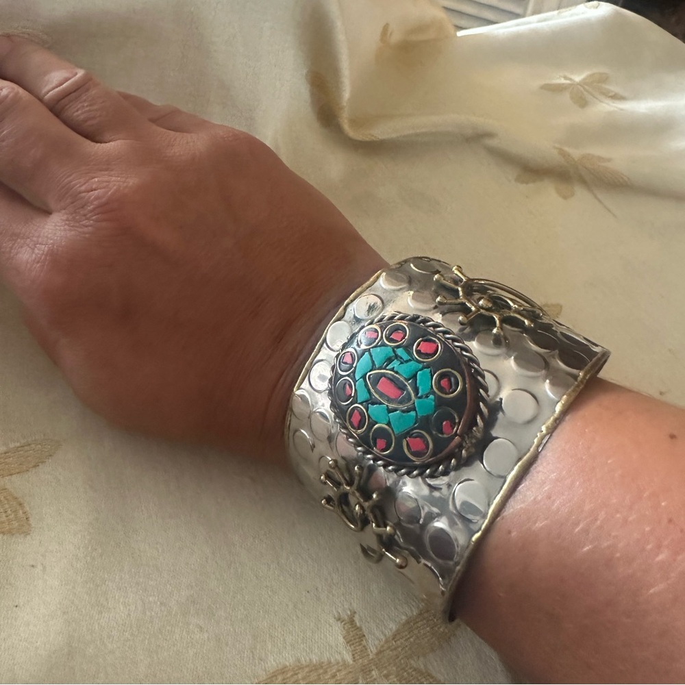 Native American Style Turquoise & Coral Multi Metal Hammered Metal Cuff Bracelet